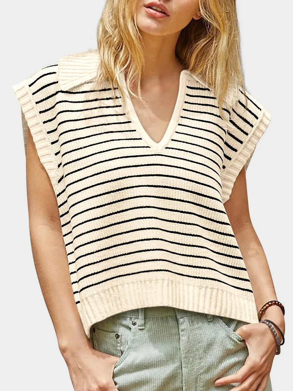 V-neck knitted top casual striped pullover sweater