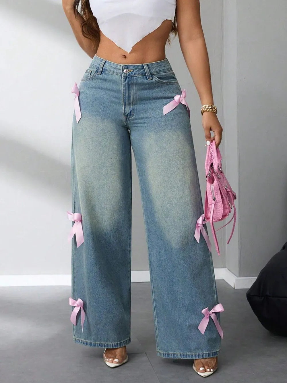 Bow High Rise Wide Leg Jeans