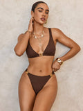 Seductive Metallic Solid Color Two-Piece Bikini for Beach Vacation