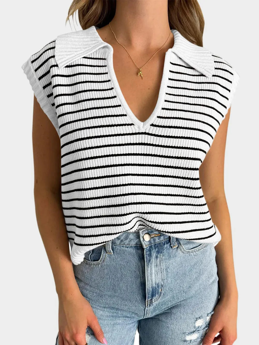 V-neck knitted top casual striped pullover sweater