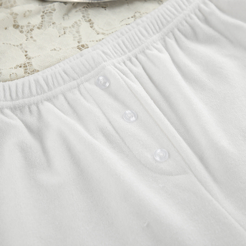 Knitted loose and comfortable casual sleepwear women's long sleeved pants white minimalist home wear
