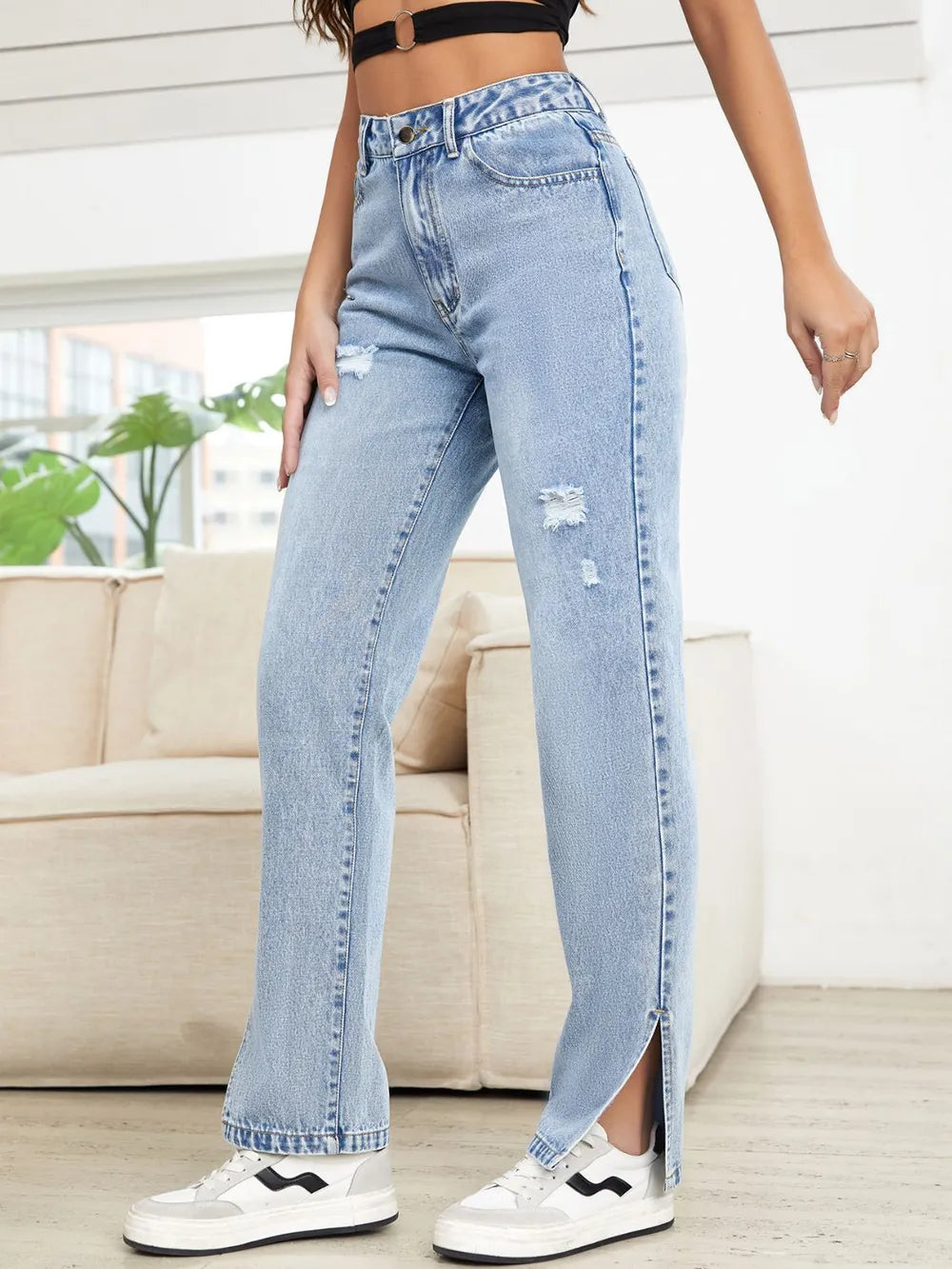 Distressed Slit Straight Leg Jeans