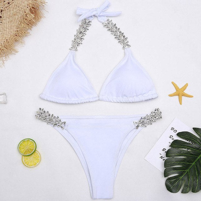 Crystal Bikini Set Push-Up Padded Bra Swimwear Sexy Two Pieces Bandage Swimsuit Summer Bathing Beachwear Backless Suit