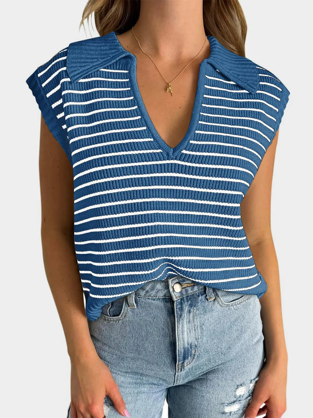 V-neck knitted top casual striped pullover sweater