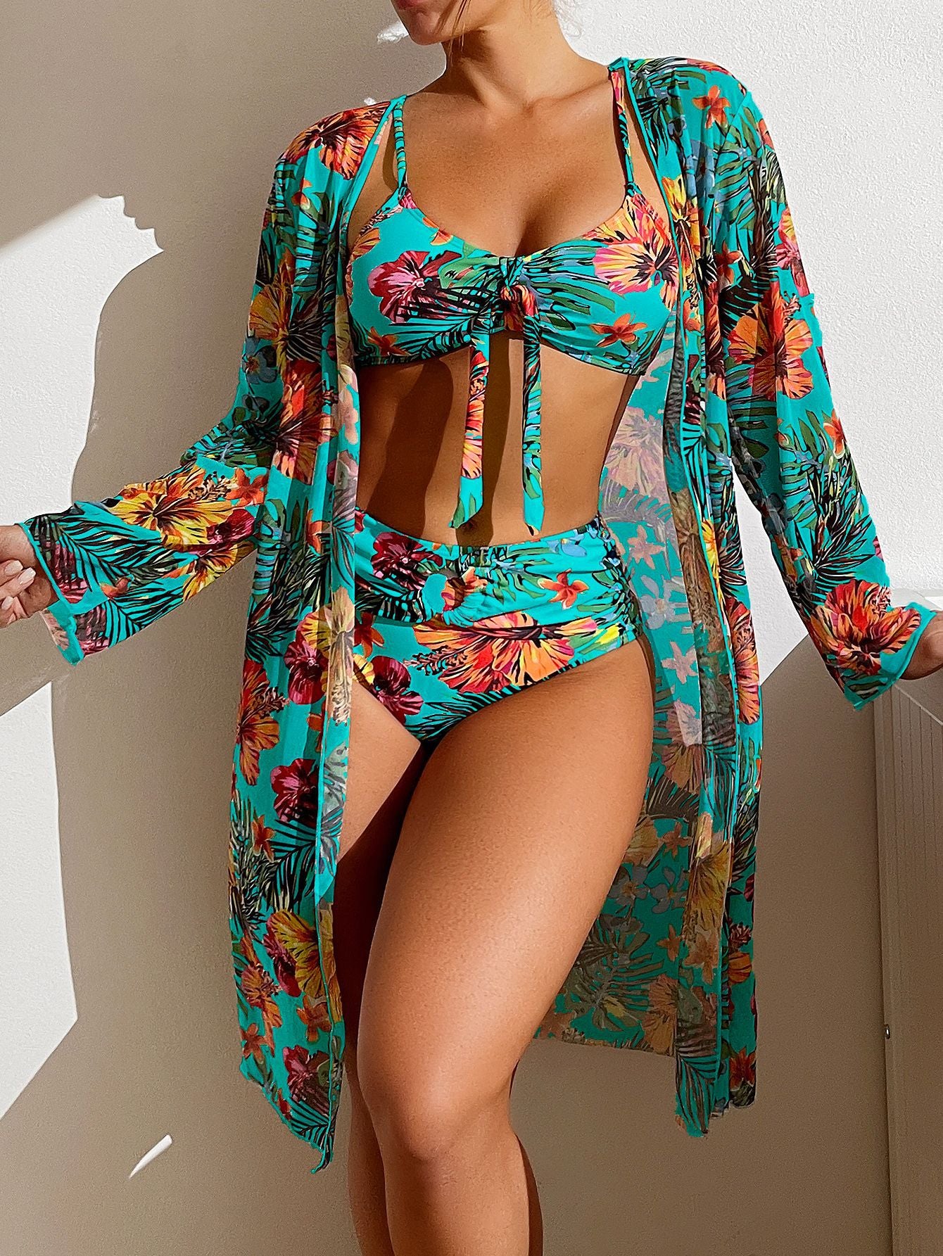 Long top split three piece  sexy swimsuit