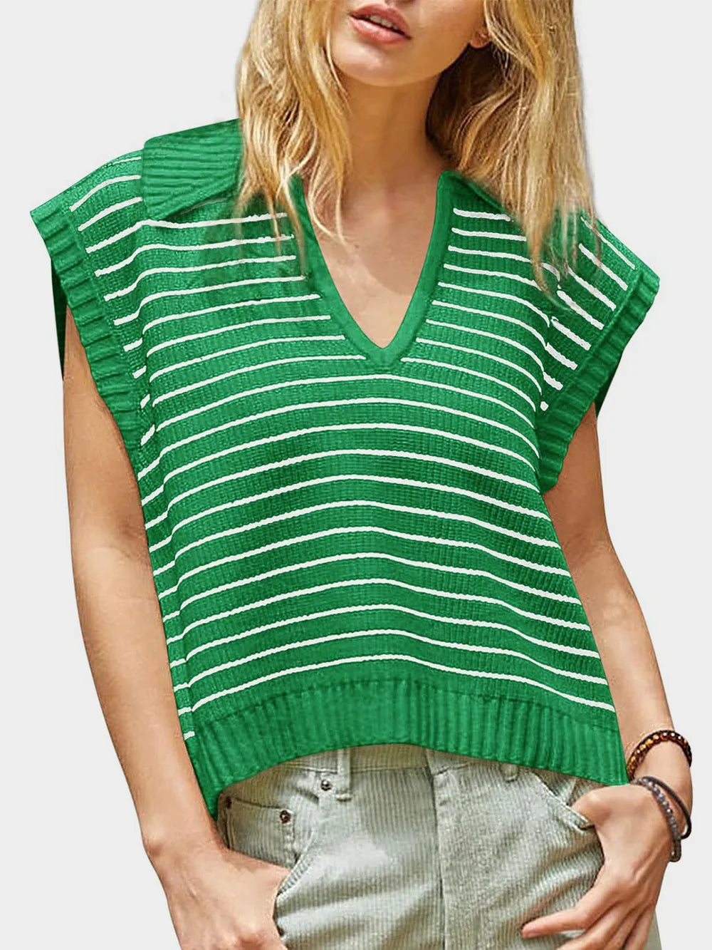 V-neck knitted top casual striped pullover sweater