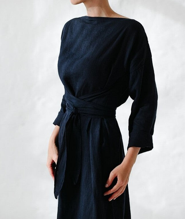 Cotton and linen long skirt with long sleeves and a straight collar tied dress