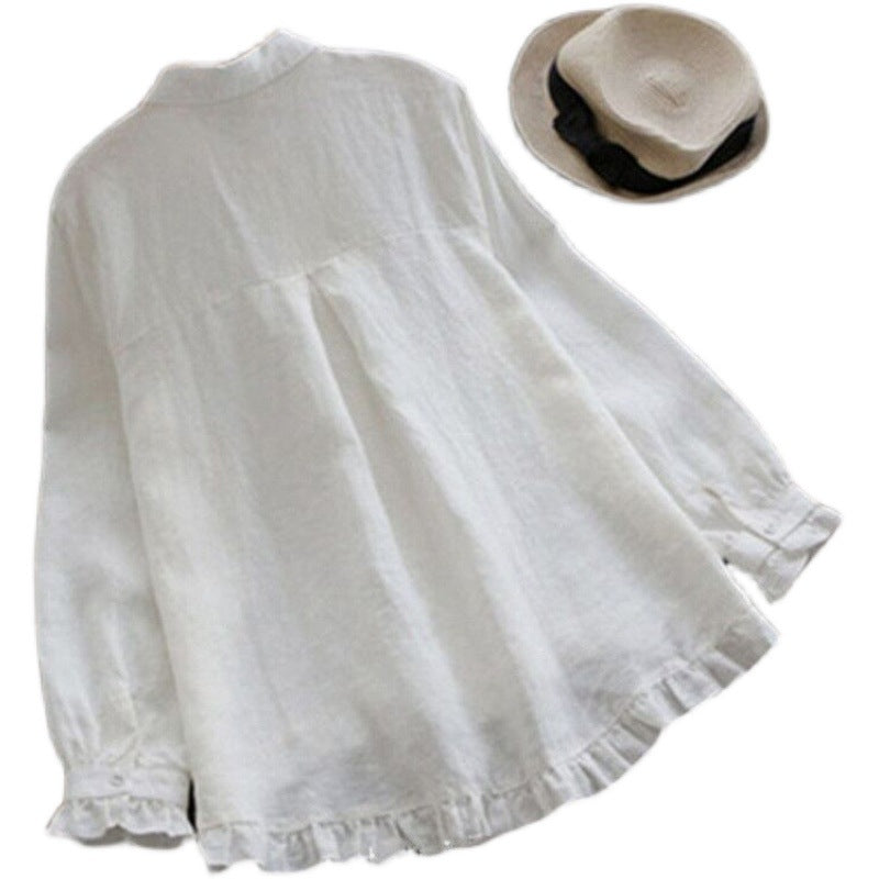 Fungus Edge Stitching Cotton And Linen Long Sleeve Top