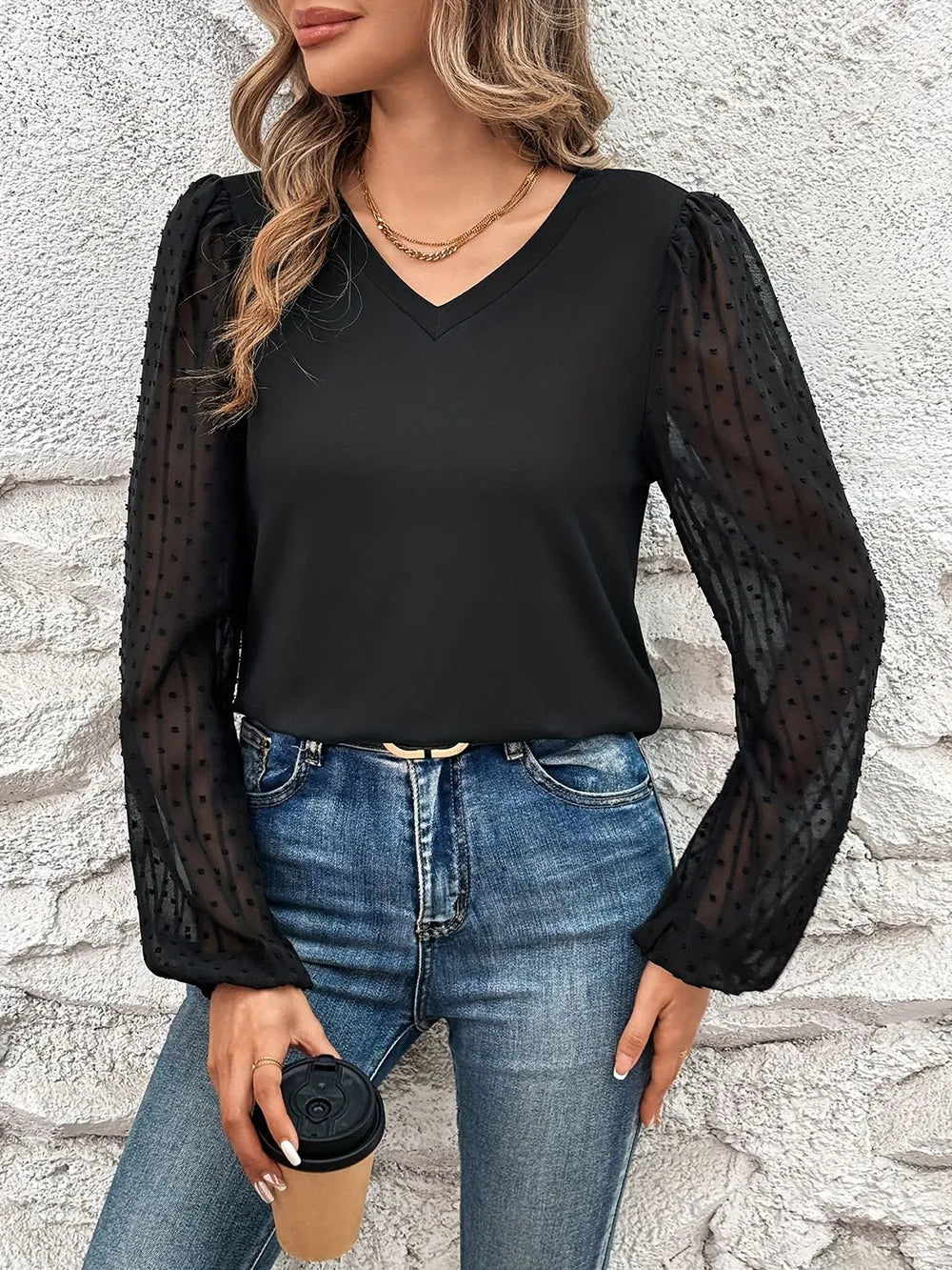 Black solid color V-neck fashionable versatile patchwork long sleeve top
