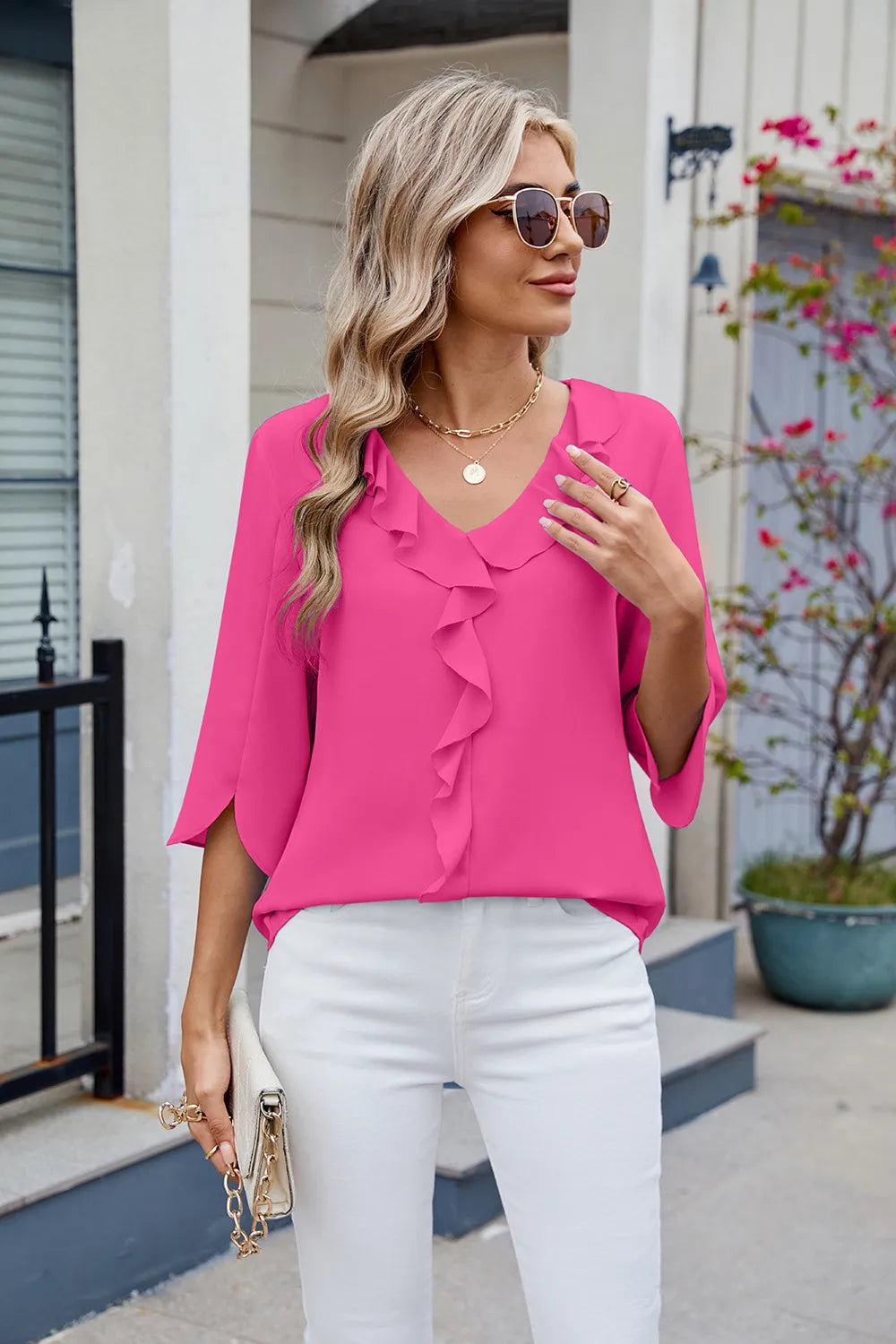 Chiffon mid sleeve V-neck pleated ruffled loose fitting top