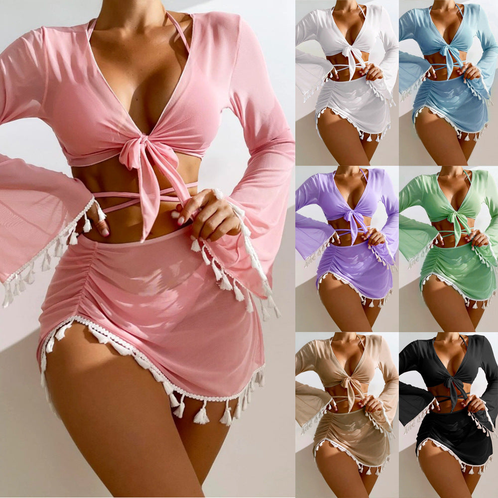 Four piece  tassel top mesh skirt bikini