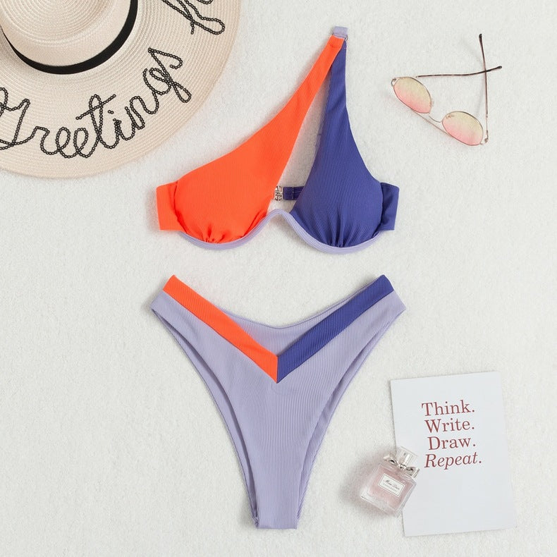 Sexy Triangle Split Swimsuit Solid Color One Shoulder Underwire Bikini
