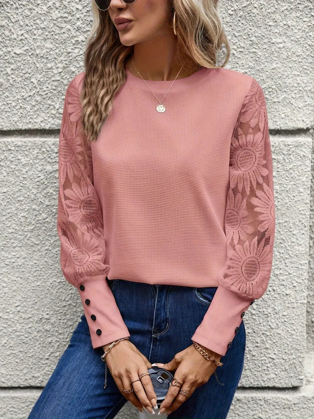 Solid color long sleeved embroidered lace patchwork waffle round neck top
