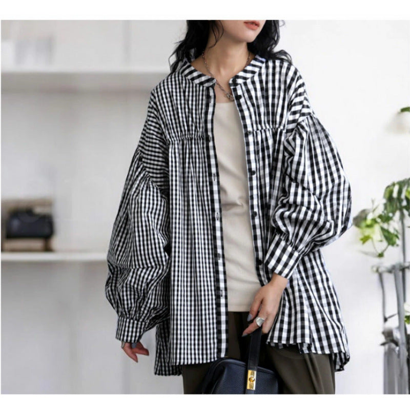 Black & White Checkered Puff Sleeve Blouse