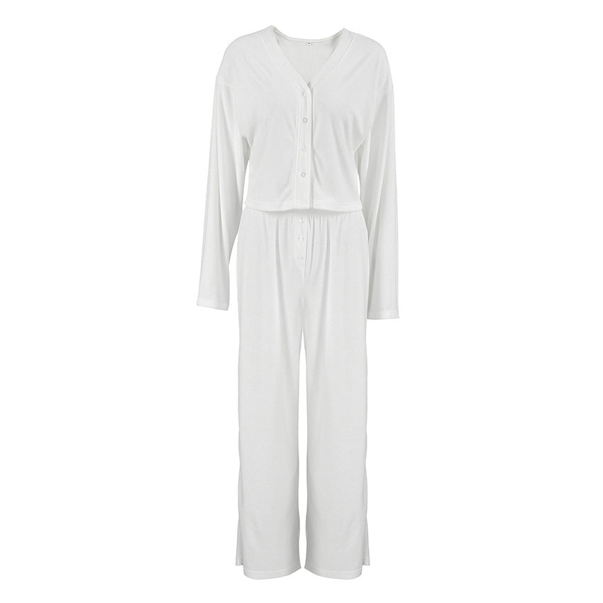Knitted loose and comfortable casual sleepwear women's long sleeved pants white minimalist home wear