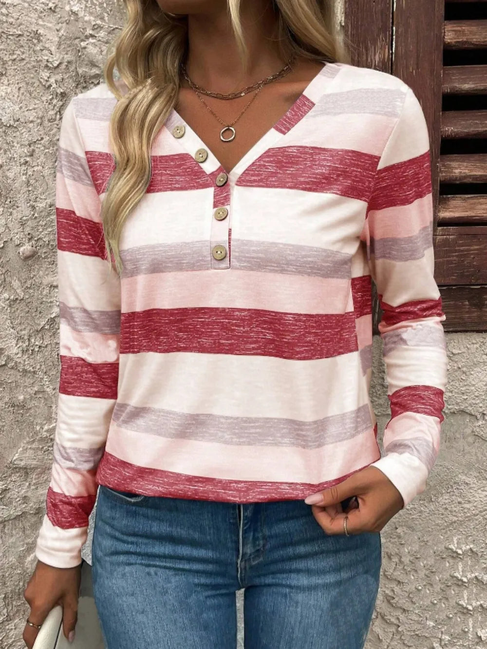 long sleeved deep V-neck striped T-shirt