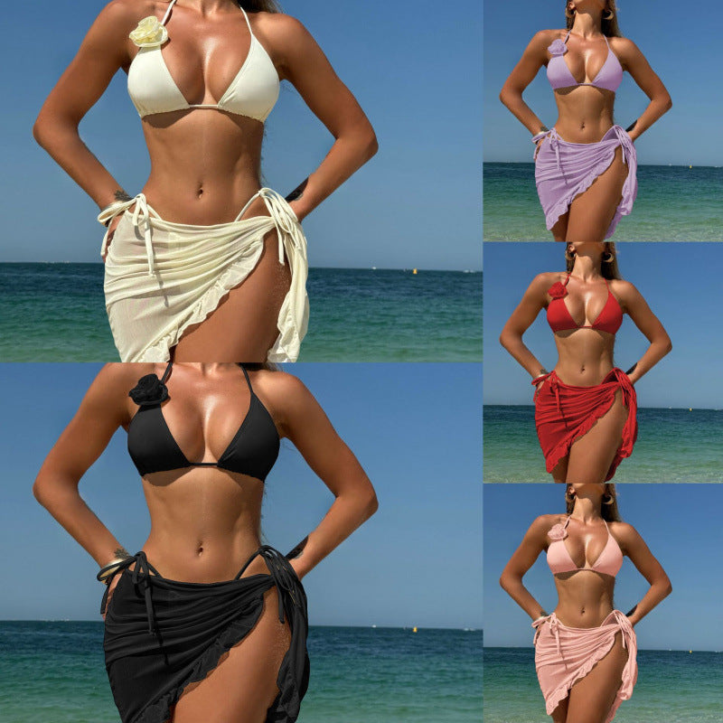 rose three piece set mesh skirt swimsuit bikini