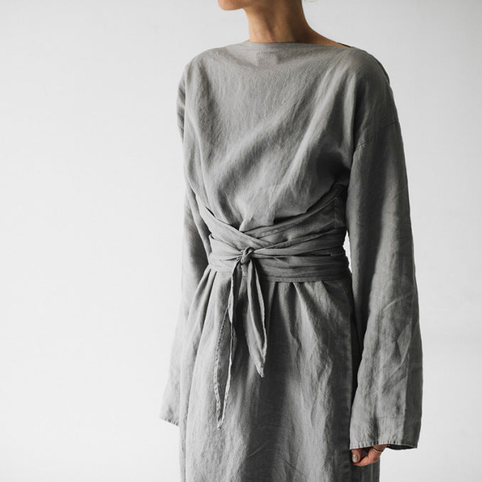 Cotton and linen long skirt with long sleeves and a straight collar tied dress