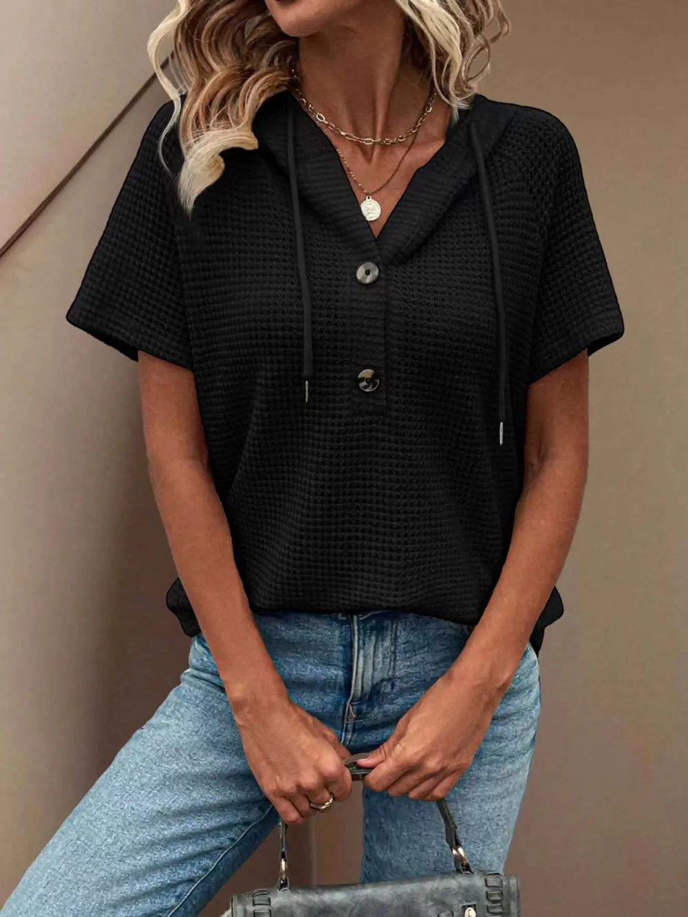 Waffle-Knit Hooded Short-Sleeve Blouse