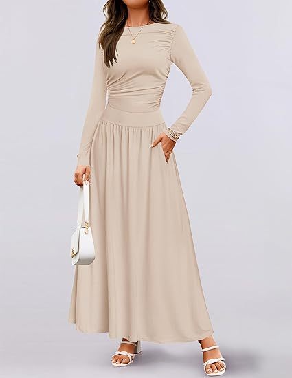 Round Neck Pleated Pocket Slim Fit Long Sleeve Knit Dress