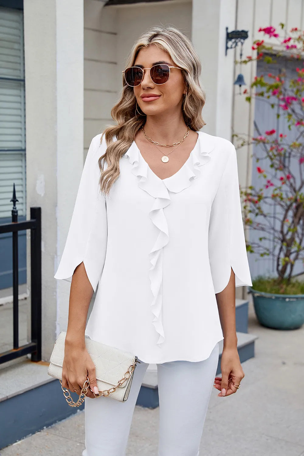 Chiffon mid sleeve V-neck pleated ruffled loose fitting top