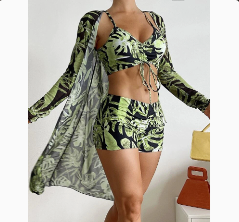Fashionable Sexy Mesh Cover-Up with Leg-Length Briefs Three-Piece Swimwear Set