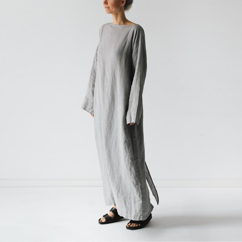 Cotton and linen long skirt with long sleeves and a straight collar tied dress