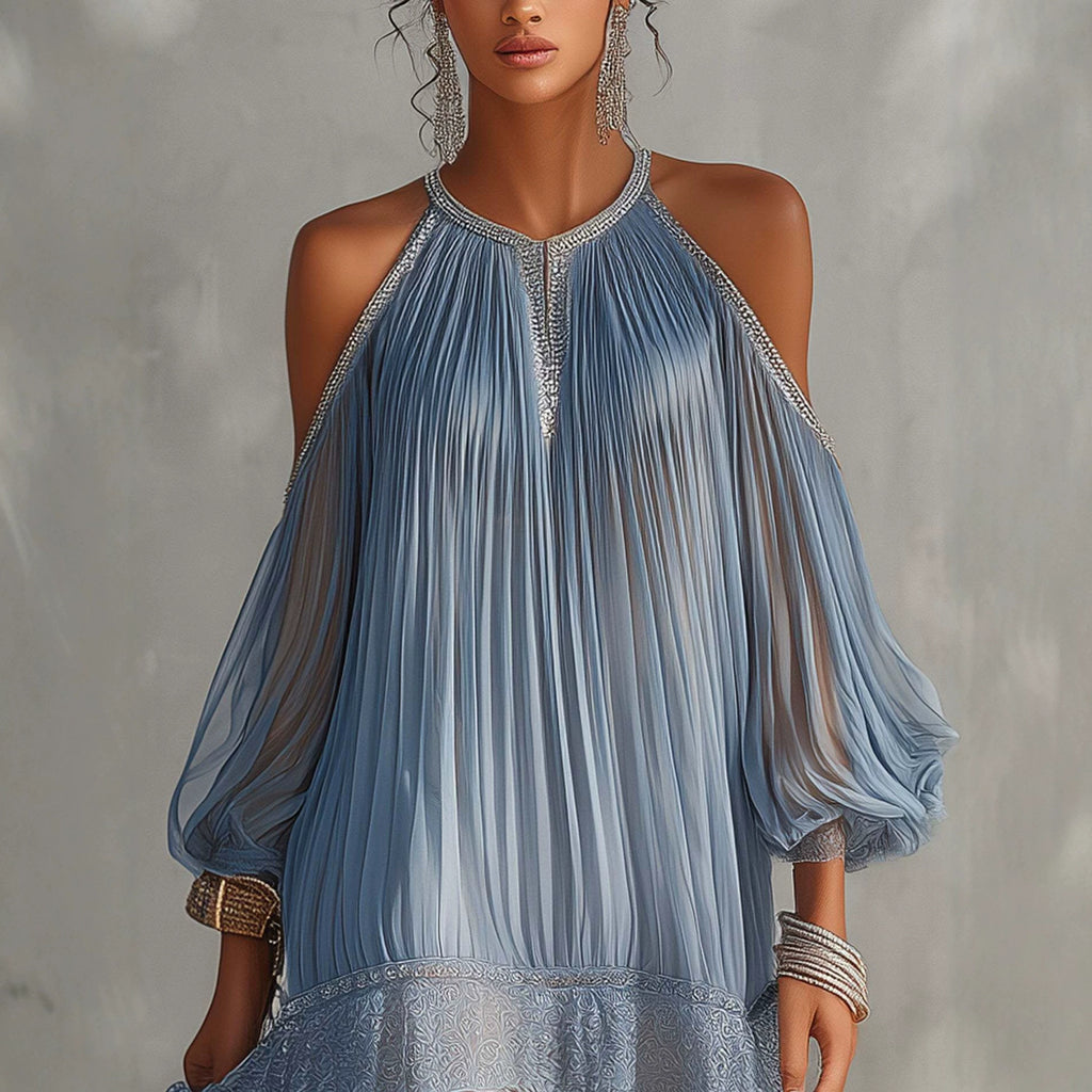 Flared Chiffon Dress with Ruffles and Lace Hem, Loose Fit with Bubble Sleeves