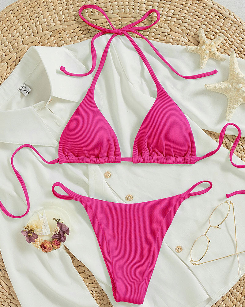 Hanging neck tie bikini swimsuit