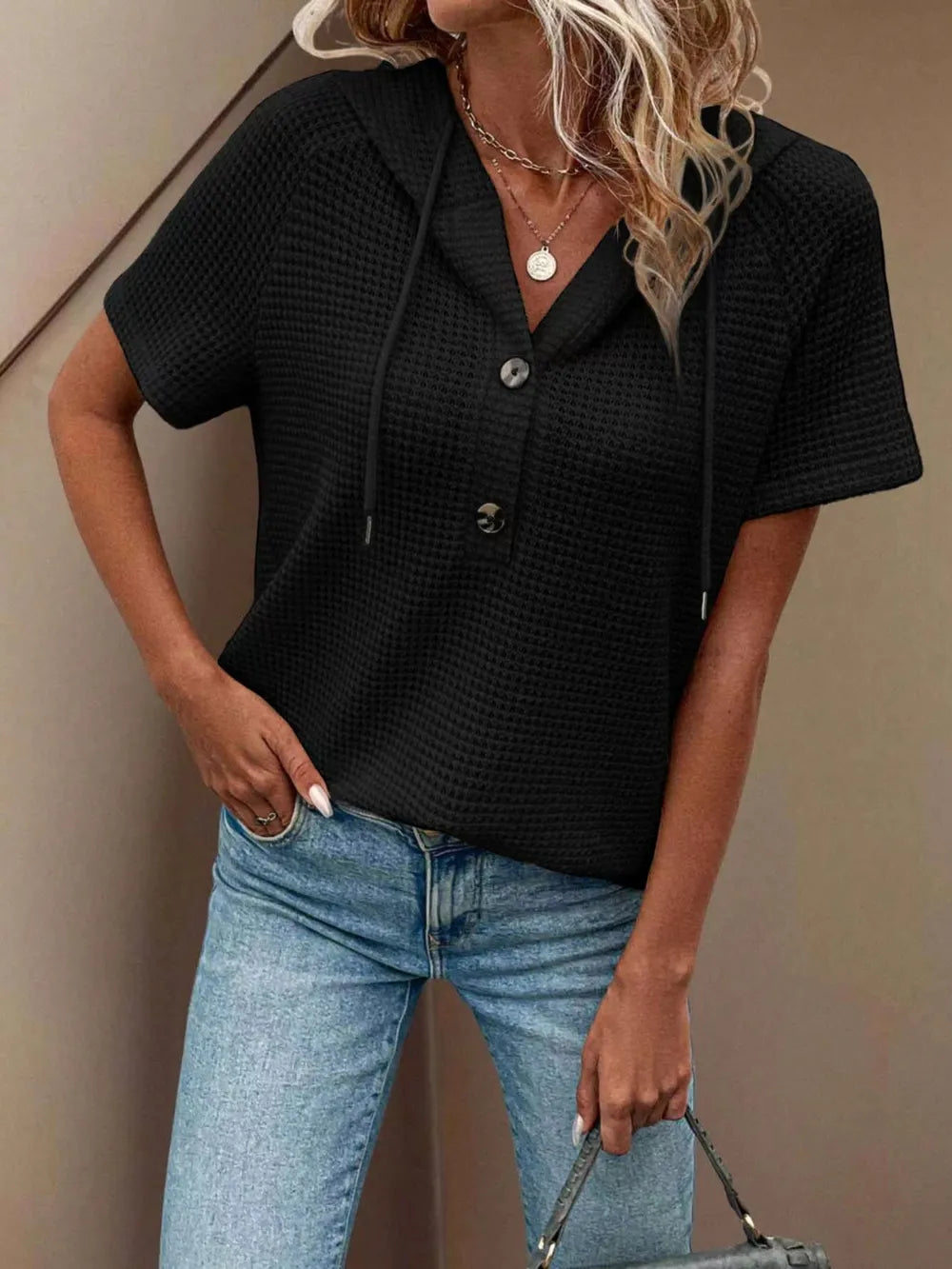 Waffle-Knit Hooded Short-Sleeve Blouse