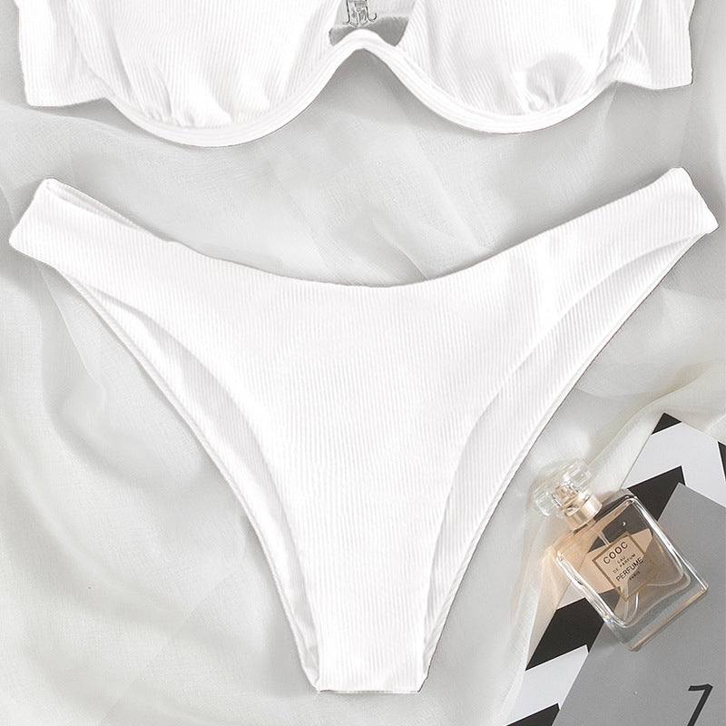 Sexy Triangle Split Swimsuit Solid Color One Shoulder Underwire Bikini