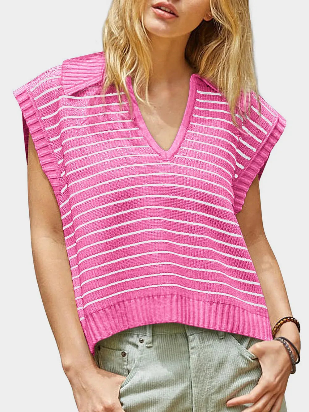 V-neck knitted top casual striped pullover sweater