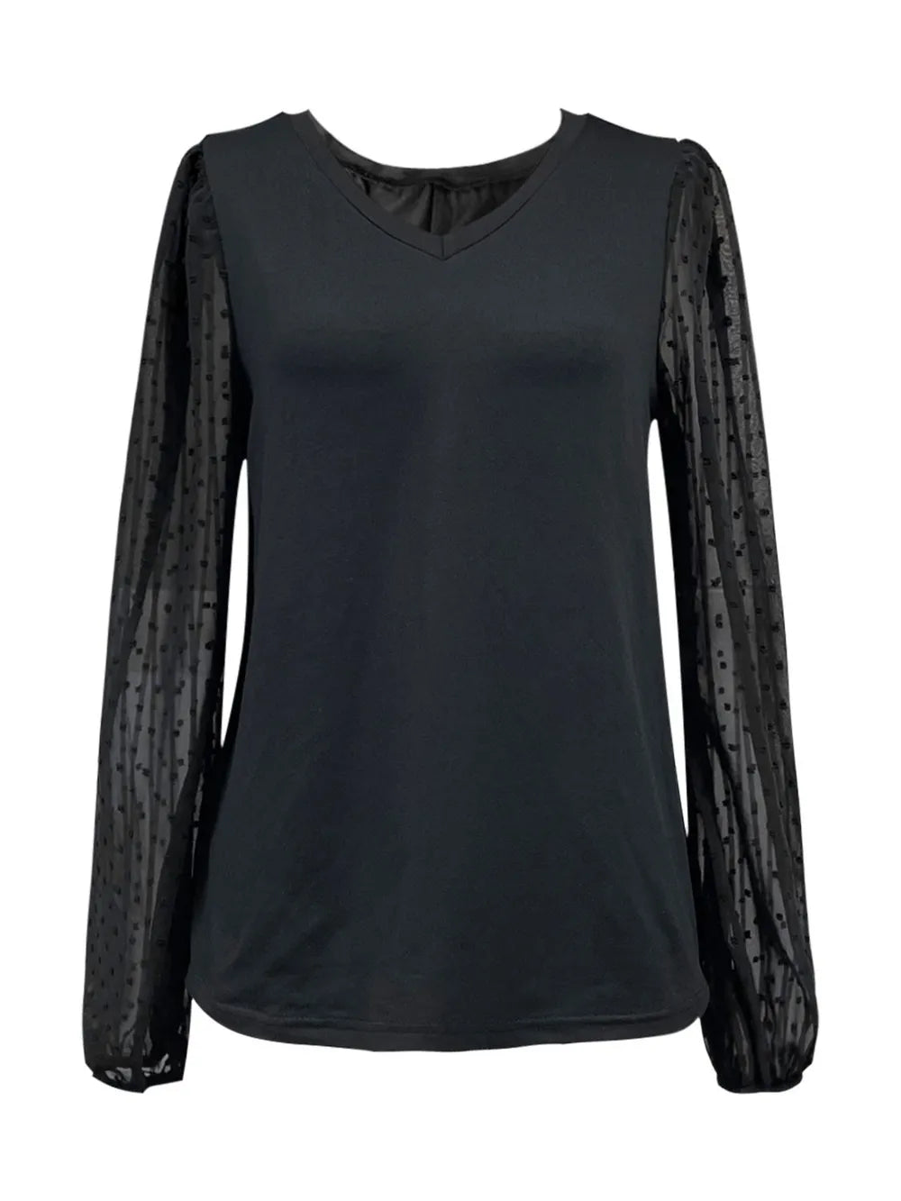 Black solid color V-neck fashionable versatile patchwork long sleeve top