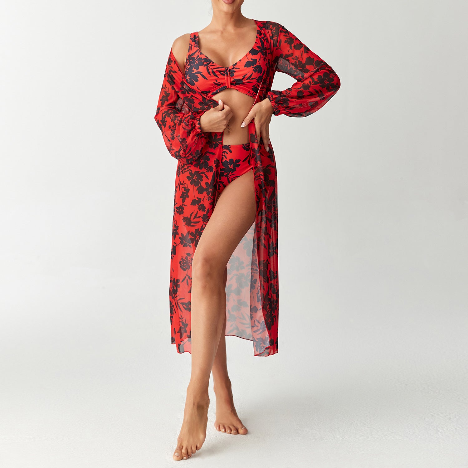 Three piece high waisted long sleeved cover up shirt