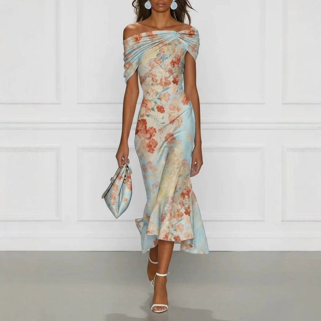 Off-Shoulder Short Sleeve Floral Elegant Long Dress