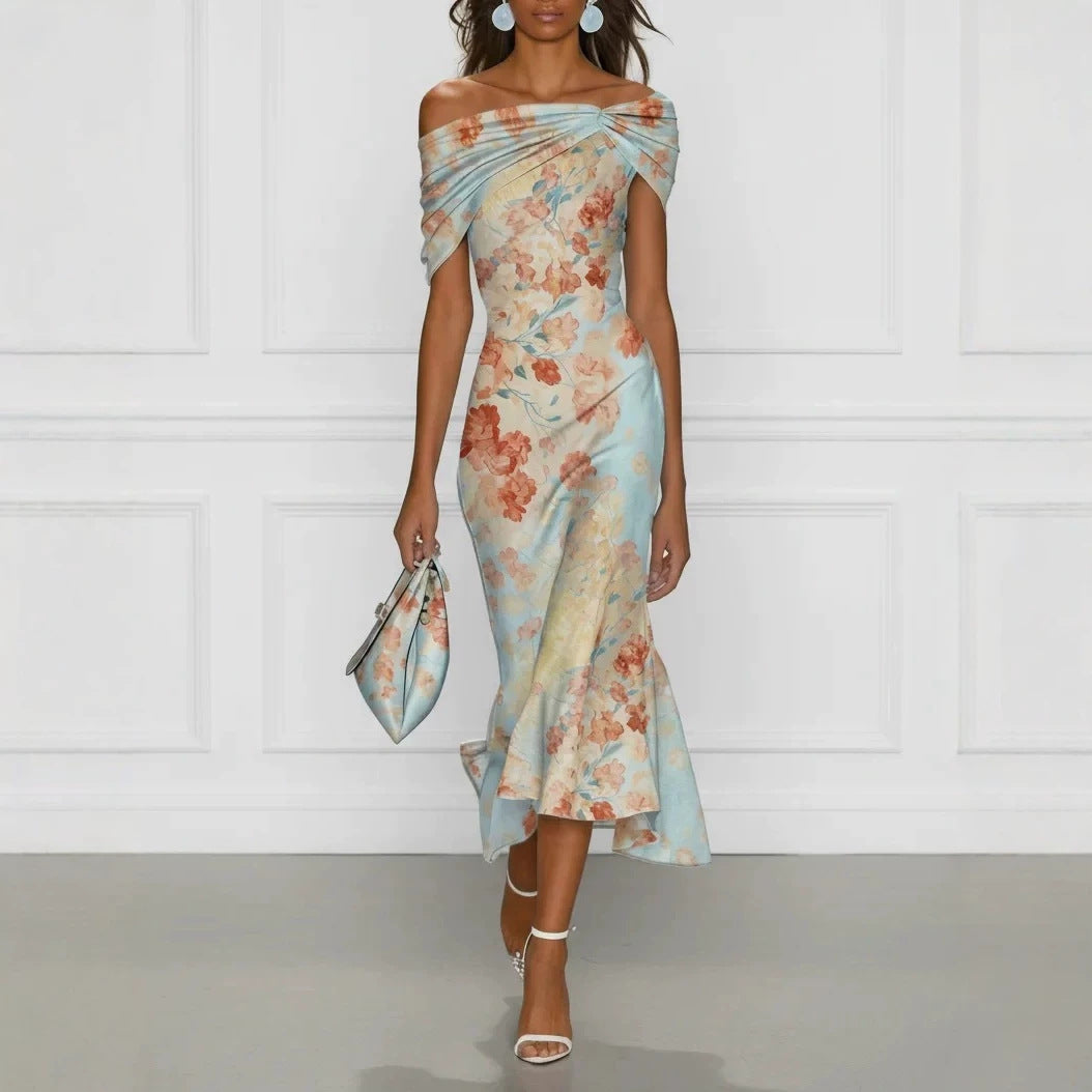 Off-Shoulder Short Sleeve Floral Elegant Long Dress