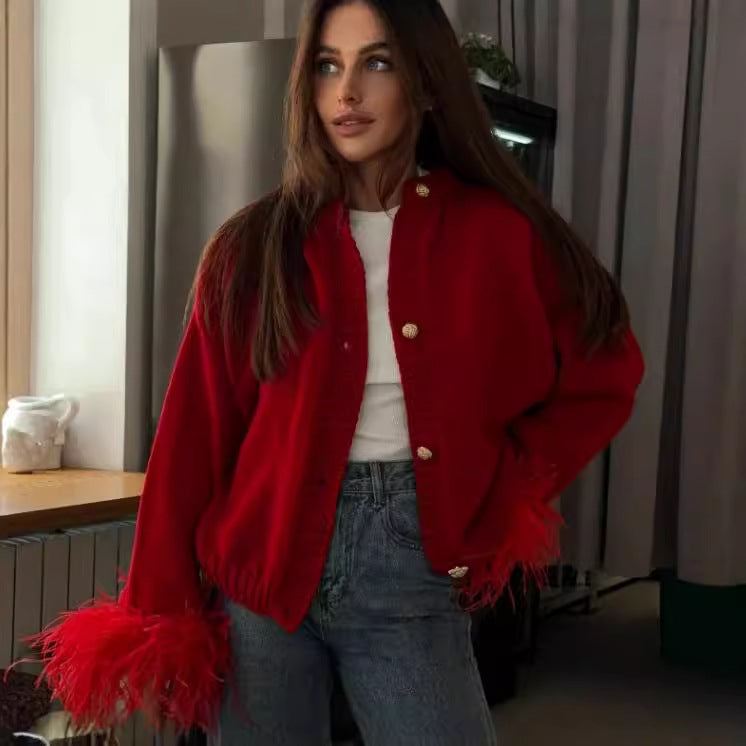 Red Knitted Feather Cardigan O-neck Sweater Coat