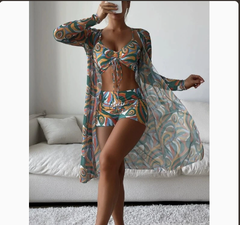 Fashionable Sexy Mesh Cover-Up with Leg-Length Briefs Three-Piece Swimwear Set