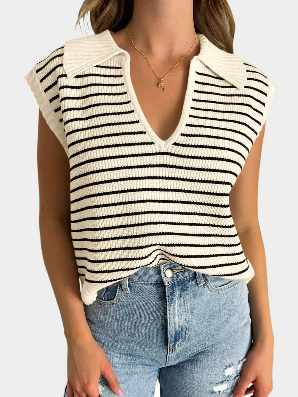 V-neck knitted top casual striped pullover sweater