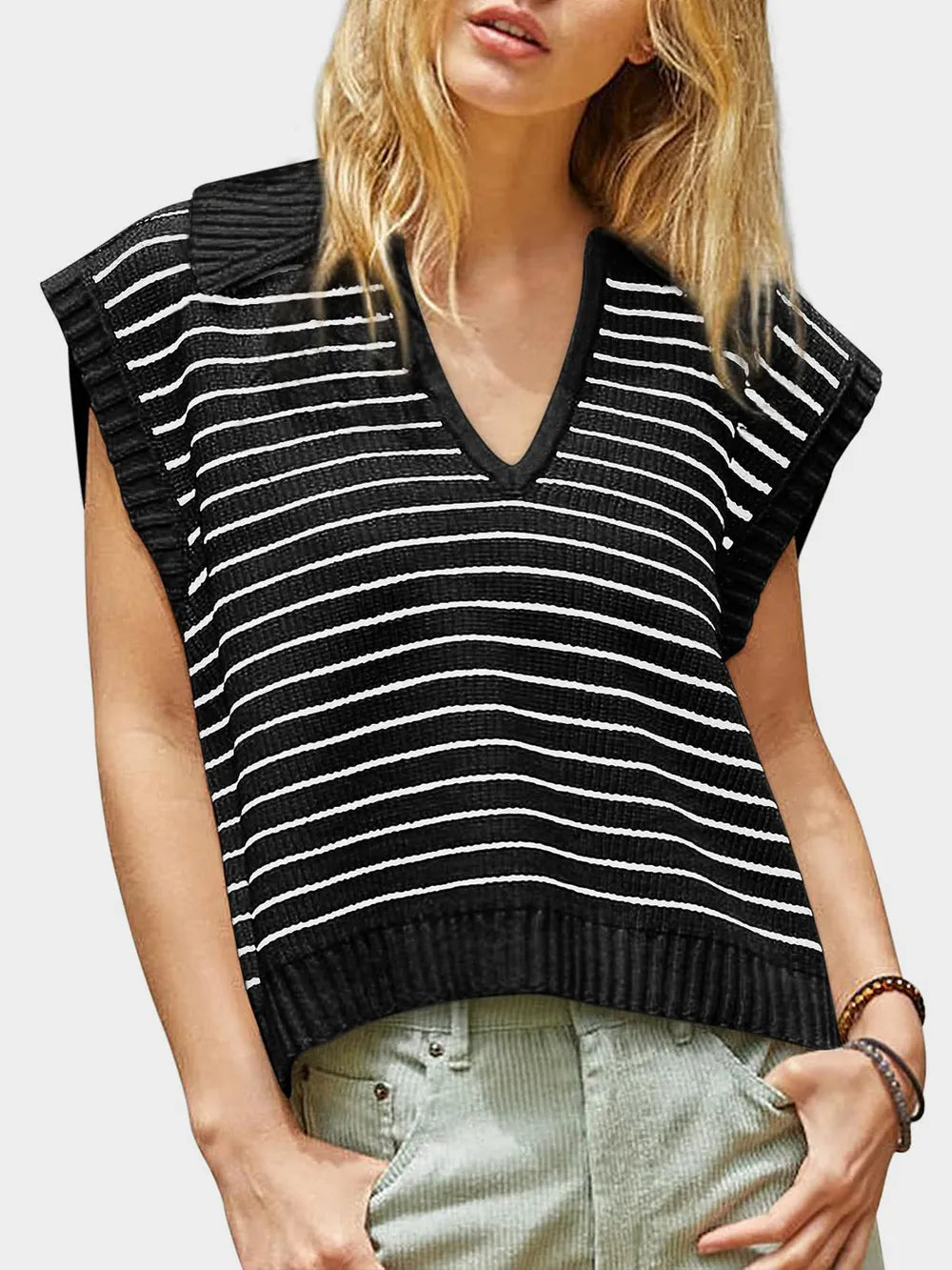 V-neck knitted top casual striped pullover sweater