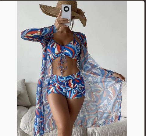 Fashionable Sexy Mesh Cover-Up with Leg-Length Briefs Three-Piece Swimwear Set