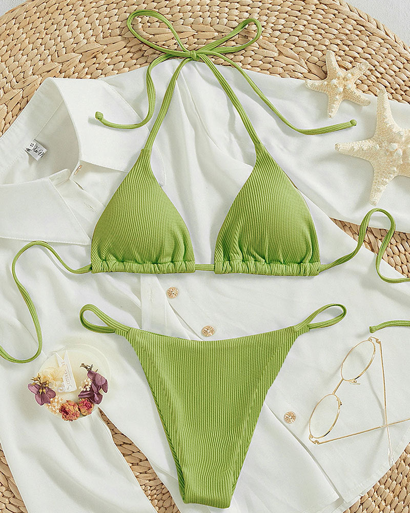 Hanging neck tie bikini swimsuit