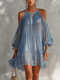 Flared Chiffon Dress with Ruffles and Lace Hem, Loose Fit with Bubble Sleeves
