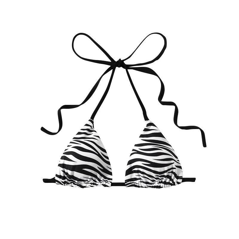 The Zebra Noir Padded Halter Bikini Top in black and white zebra print design with adjustable straps.