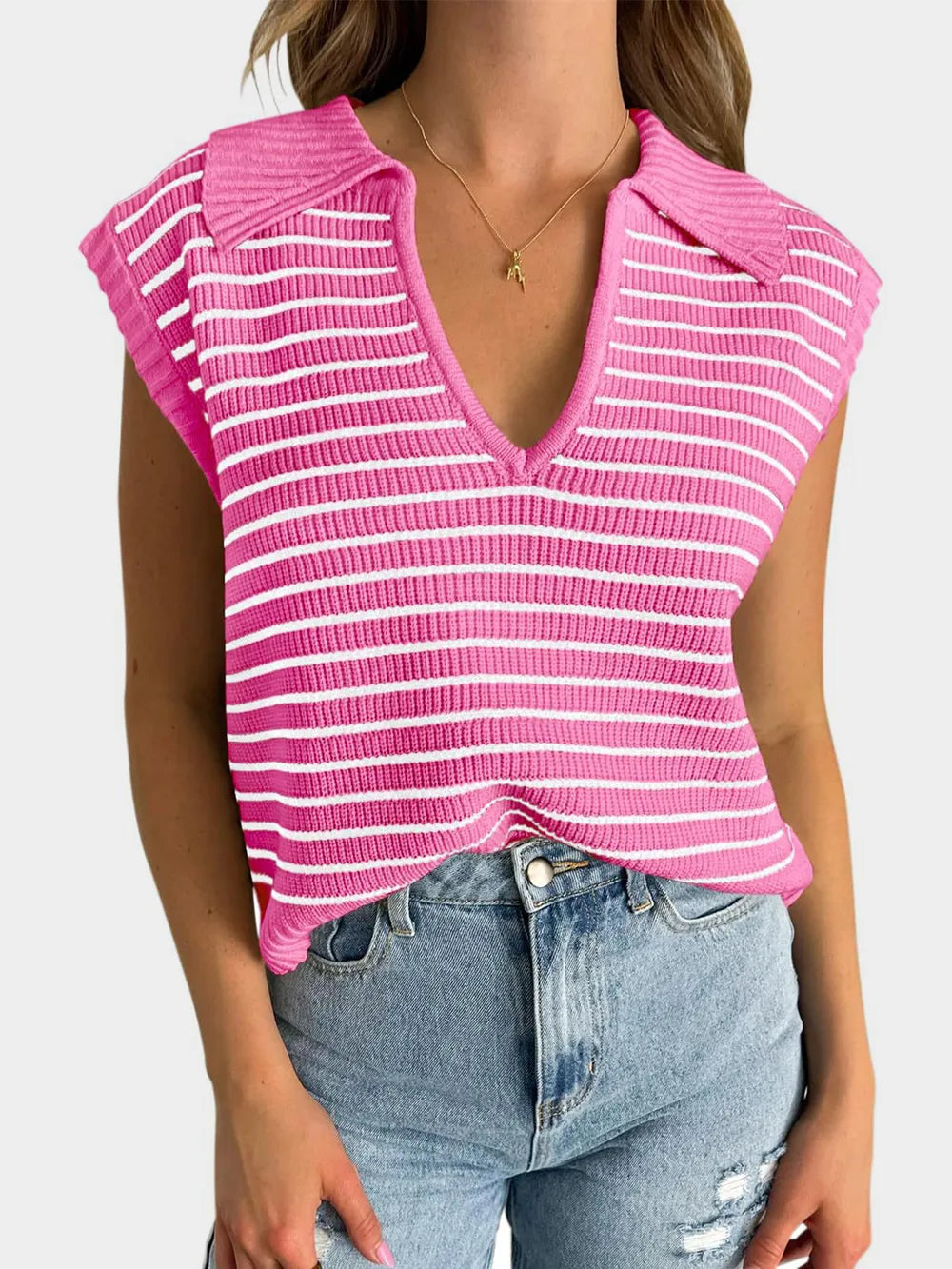 V-neck knitted top casual striped pullover sweater