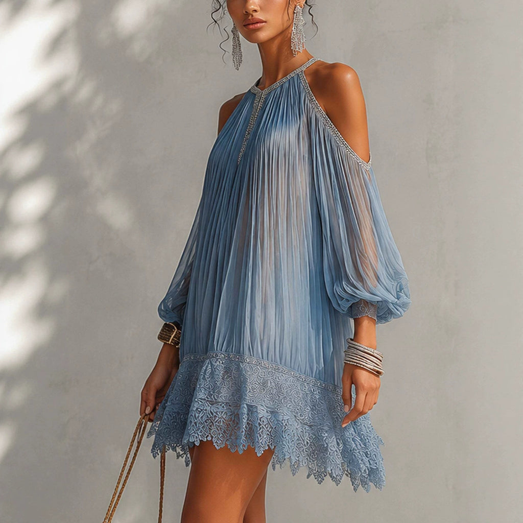 Flared Chiffon Dress with Ruffles and Lace Hem, Loose Fit with Bubble Sleeves