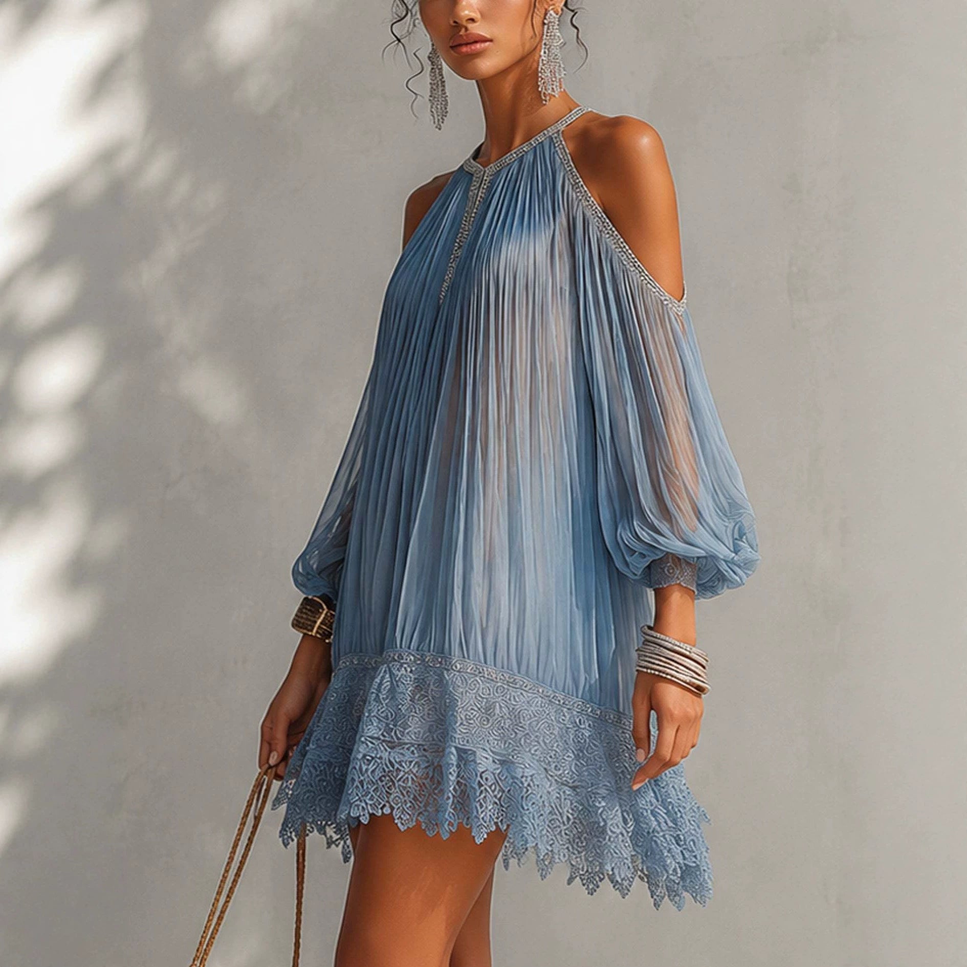 Flared Chiffon Dress with Ruffles and Lace Hem, Loose Fit with Bubble Sleeves