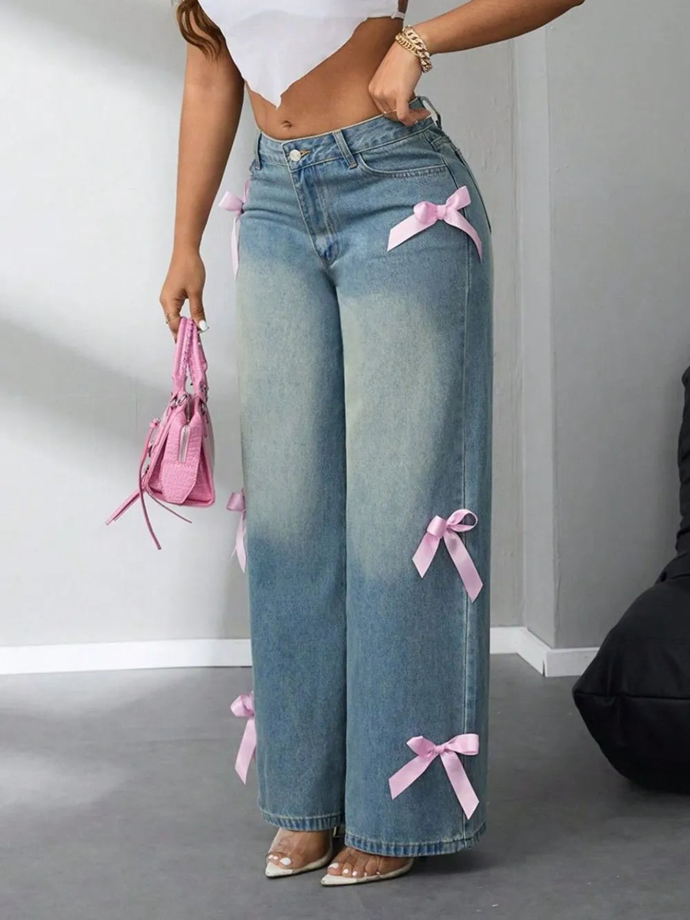 Bow High Rise Wide Leg Jeans