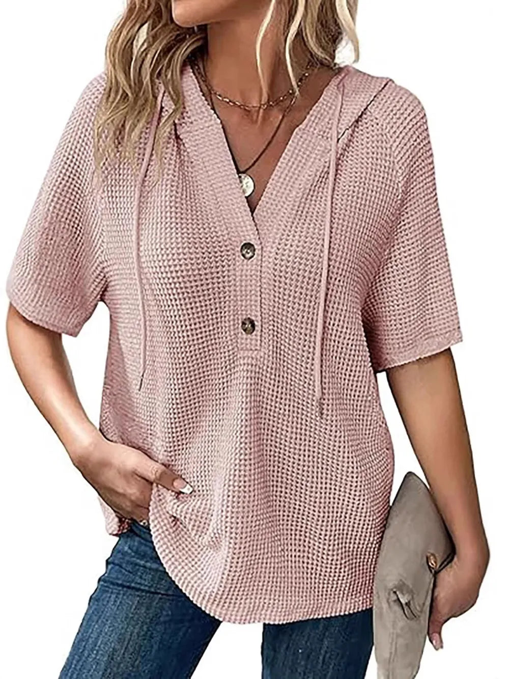 Waffle-Knit Hooded Short-Sleeve Blouse