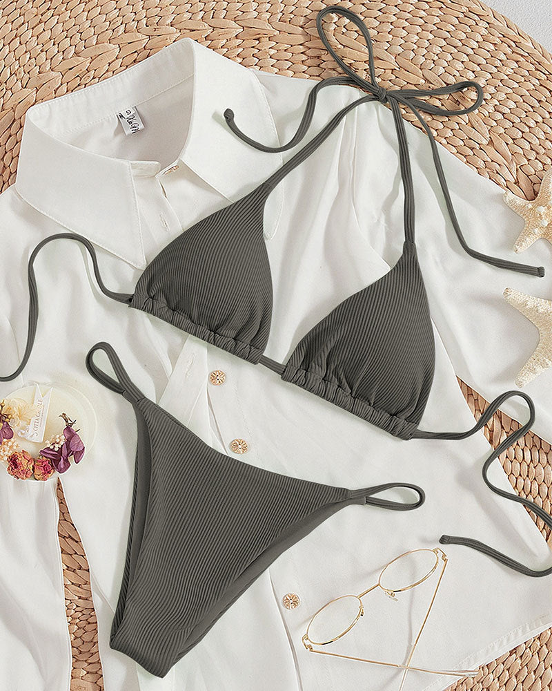 Hanging neck tie bikini swimsuit